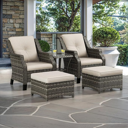 5 Piece Patio Furniture Wicker Conversation Set, 2 Chairs, 2 Ottomans with 1 Side Table, for Outdoors, Backyard, Deck, Beige