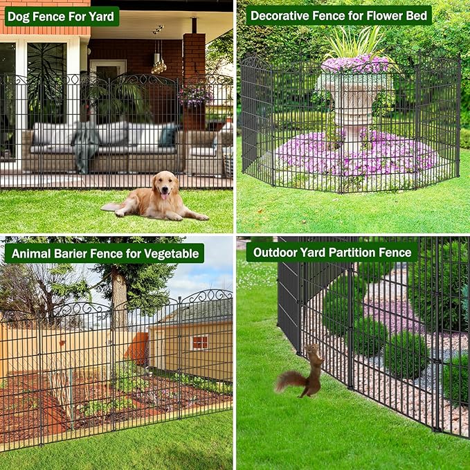 10 Panel No Dig Decorative Garden Fence - 48in H x 22.6 ft L, Tall Animal Barrier for Dogs Rabbits, Rustproof Metal Wire Panels for Yard, Patio, and Outdoor Border Use