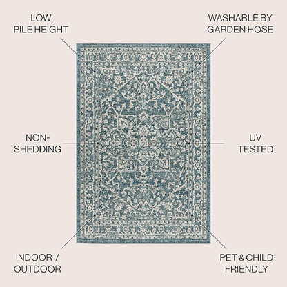 JONATHAN Y Boho Medallion Indoor Outdoor Round Area Rug 4 Ft Teal/Gray, Malta Textured Weave for Backyard, Patio, Porch, Easy-Cleaning, High Traffic, Pet-Friendly, Non-Shedding (SMB104B-4R)