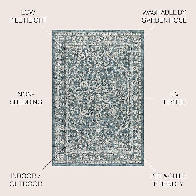 JONATHAN Y Boho Medallion Indoor Outdoor Area Rug 9X12 Teal/Gray, Malta Textured Weave for Backyard, Patio, Porch, Easy-Cleaning, High Traffic, Pet-Friendly, Non-Shedding (SMB104B-9)