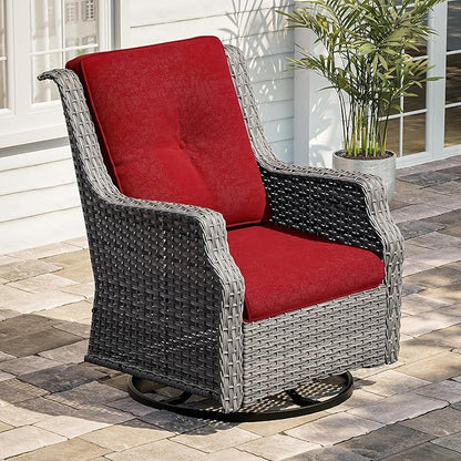 Swivel Patio Chair Outdoors - 360 Degree, Set of 2, Glider Chair with 3.5" Olefin Fabric Cushions (Mixed Grey Rattan/Red)