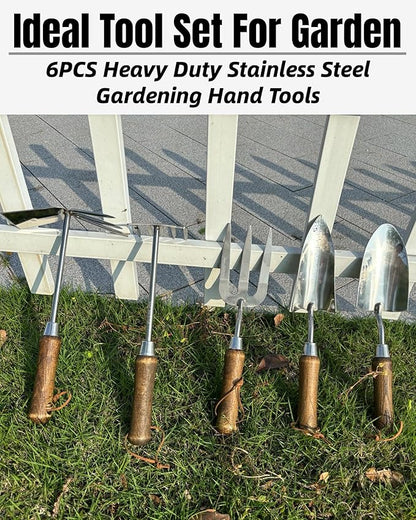 Garden Tool Set, 6PCS Heavy Duty Stainless Steel Gardening Hand Tools with Ropes, Includes Hand Cultivator Shovel Trowel Transplanter 2-in-1 Hoe Pruner, Ideal Gardening Gifts for Women Men (Classic)