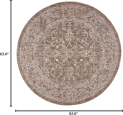 SAFAVIEH Washable Rug Outdoor Courtyard Collection - 5'3" Round, Brown & Ivory, Non-Shedding & Easy Cleaning, Ideal for Patio, Backyard, Mudroom (CY8680-36321)