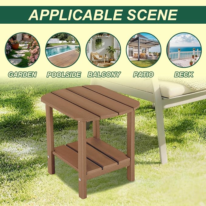 LZRS 2-Tier Patio Side Table, Heavy Duty HDPE Outdoor End Table with Wood Texture, Weatherproof Composite Table for Adirondack Chairs, Deck, Pool, Indoor/Outdoor, No Peeling Cracking(Brown)