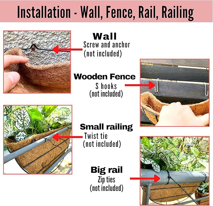 LaLaGreen Wall Hanging Planters, 2 Pack, 12 Inch Wall Mounted Flower Baskets with Coco Liner, Metal Iron Wire Plant Holder for Outdoor Window Box Herb Outside Fence Railing Deck Porch Balcony Garden