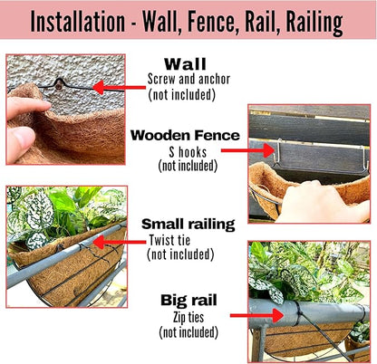 LaLaGreen Wall Hanging Planters, 2 Pack, 12 Inch Wall Mounted Flower Baskets with Coco Liner, Metal Iron Wire Plant Holder for Outdoor Window Box Herb Outside Fence Railing Deck Porch Balcony Garden