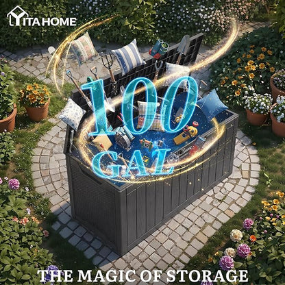 YITAHOME 100 Gallon Large Outdoor Deck Box, Waterproof Resin Storage Box, Lockable Indoor Outdoor Storage Container for Patio Furniture Cushions, Pool Accessories, Garden Tools, Dark Gray