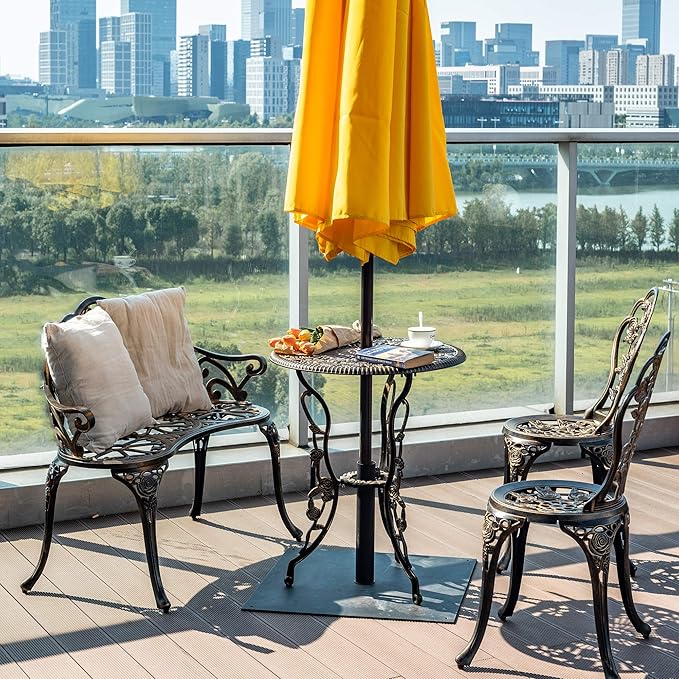 3 Piece Patio Bistro Table Set, Outdoor Stylish Rose Flower Bistro Set with Umbrella Hole, Small Cast Aluminum Table and Chairs Set for Balcony Furniture, Dark Bronze
