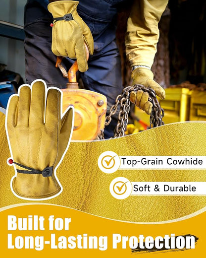 DULFINE Cowhide Leather Work Gloves for Men & Women, Reinforced Durable Gardening Gloves, Puncture & Cut Resistant