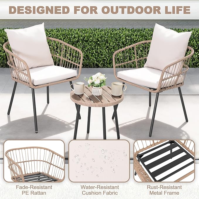 NUU GARDEN 3-Piece Outdoor Bistro Set, PE Wicker Chairs with Cushions and Slatted Metal Side Table, Patio Furniture Conversation Set for Porch, Backyard, Lawn, Poolside, Deck, Beige