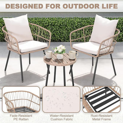 NUU GARDEN 3-Piece Outdoor Bistro Set, PE Wicker Chairs with Cushions and Slatted Metal Side Table, Patio Furniture Conversation Set for Porch, Backyard, Lawn, Poolside, Deck, Beige