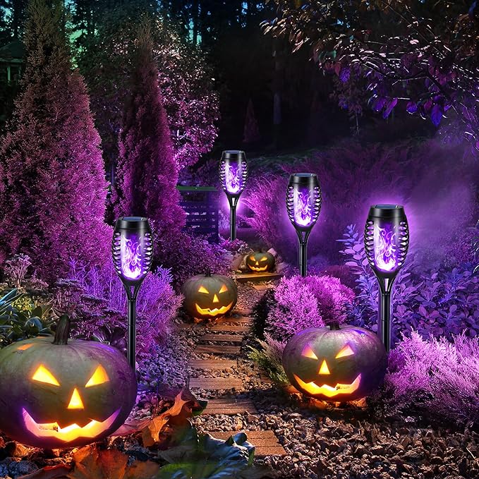 Toodour Solar Torch Flame Lights, 12 Pack Solar Lights Outdoor with Flickering Flame, Waterproof Patio Light Landscape Decoration Lighting for Garden, Lawn, Yard, Outdoor Decorations - Purple