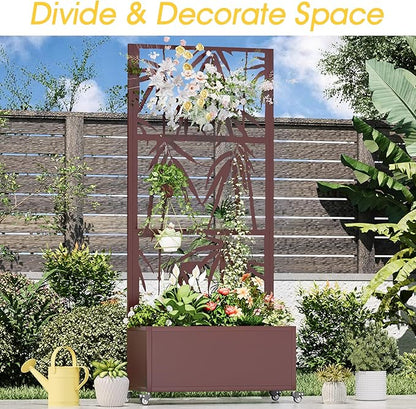Metal Mobile Planter Box with Trellis, 75"x 32"x 15" Moblie Planter Box Trellis with Privacy Screen, Drainage Holes and 4 Lockable Wheels, Brown, Bamboo Style