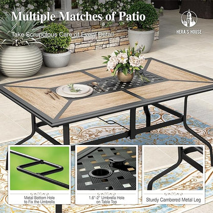 HERA'S HOUSE Patio Table and Chairs Set, 61" Rectangular Outdoor PVC Table with Umbrella Hole, 7 Pieces Outdoor Dining Furniture Sets with 6 Patio Chairs for Backyard Lawn Garden Porch(Red)