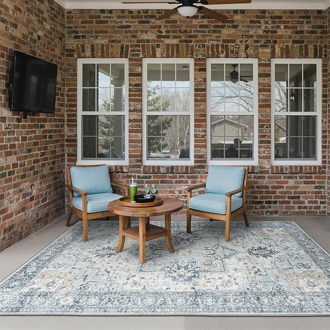 GENIMO Outdoor & Indoor Area Rug 6'x9', Waterproof, Non-Shedding, Easy Cleaning, Boho Mat for Patio, Living Room, Balcony, Dining Room, RV, Deck, Bedroom, Camping, Outside Carpet,Blue