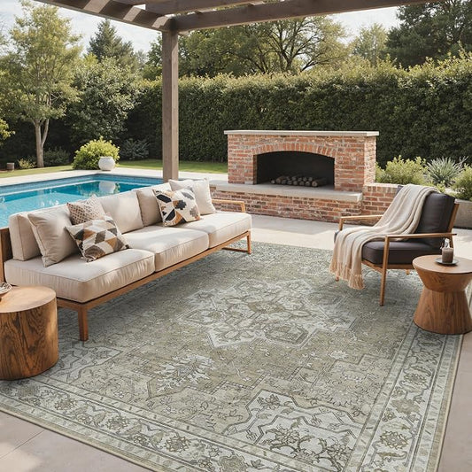 GENIMO Outdoor & Indoor Area Rug 9'x12', Waterproof, Non-Shedding, Easy Cleaning, Boho Mat for Patio, Living Room, Balcony, Dining Room, RV, Deck, Bedroom, Camping, Outside Carpet,Coffee Beige