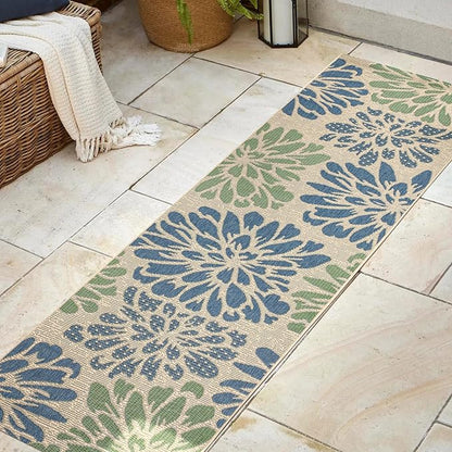 JONATHAN Y Floral Textured Weave Indoor Outdoor Runner Rug 2X8 Navy/Green, Zinnia Modern for Backyard, Patio, Porch, Easy-Cleaning, High Traffic, Pet-Friendly, Non-Shedding (SMB110B-28)