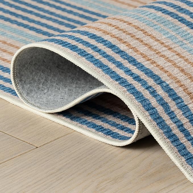 Dash & Albert Tyne Blue Machine Washable Rug, Runner-2.5 X 8 Feet, Blue/Tan Stripe Pattern
