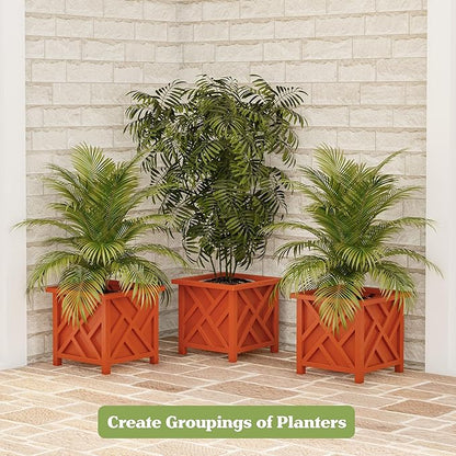 Lattice Design Outdoor Planter Box - 14.75” Square 13” Tall Terracotta Plant Pot - Decorative Plant Pots for Front Porch Decor - Flower Pots Outdoor Planters for Porch Patio or Garden by Pure Garden