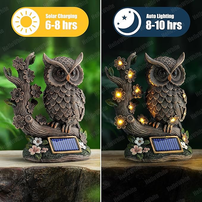 Solar Statue Owl with LED Lights – Outdoor Garden Decor for Outside, Yard Art Figurine for Lawn Decorations, Resin Owl Garden Statues for Patio & Pathway Decor