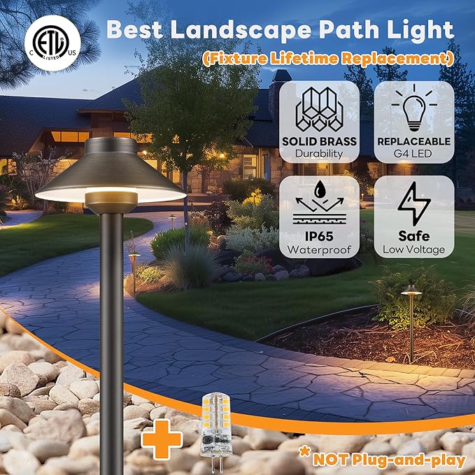 Gardenreet Low Voltage Landscape Sidewalk Lighting, Solid Brass Pathlights, LED Driveway Warm Light Waterproof, Hat Shaped 12V Wired Bronze for Walkway Garden with 3W 270LM 3000K G4 Bulb (6 Pack)