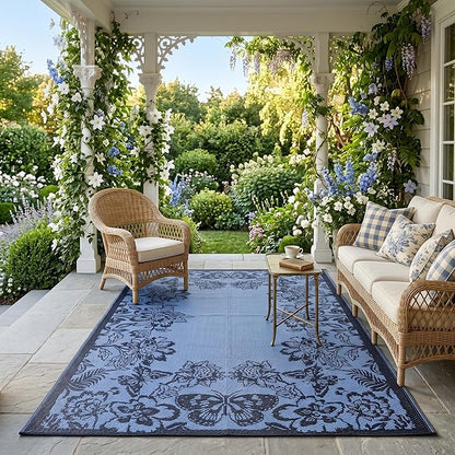 Garvee 5’x8’ Waterproof Patio Outdoor Rug, Outdoor Plastic Straw Rug for Camping, RV Mat Outside, Indoor Outdoor Carpet for Porch, Deck, Backyard, Balcony, Picnic, Dark Blue & Teal