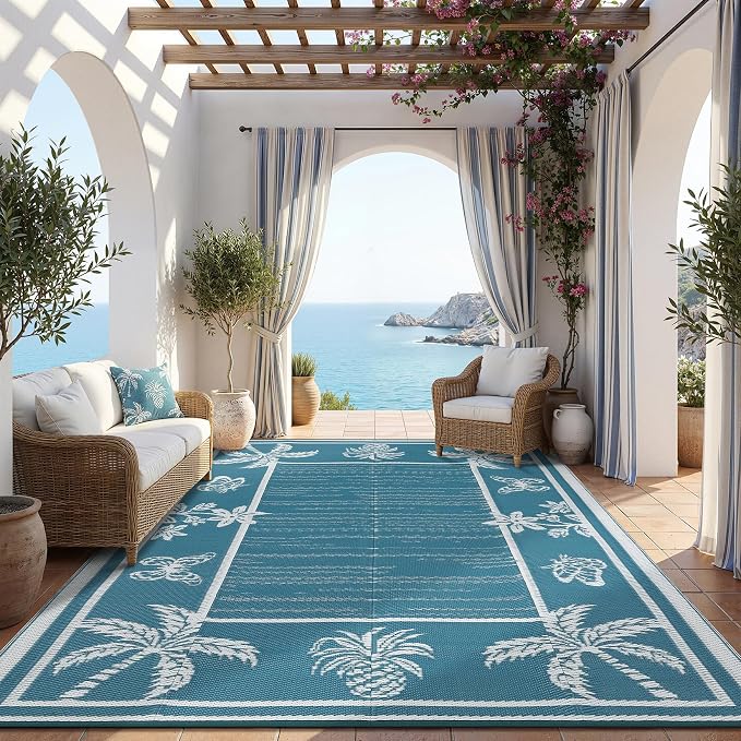 Garvee Outdoor Rug 9x12 Waterproof for Patios, Reversible Plastic Straw Rug, Tropical Leaf Indoor Outdoor Rugs, Large Area Rug for RV, Camping, Deck, Picnic Mat, Outside Carpet