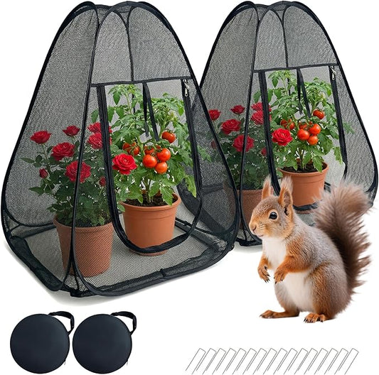 2PCS Pop-Up Garden Netting Protector with 2 Storage Bags & 16 U-Shaped Nails, 28"x28"x32" Plant Shade Tent， Mesh Plant Cover from Animals for Vegetables Fruits Flowers
