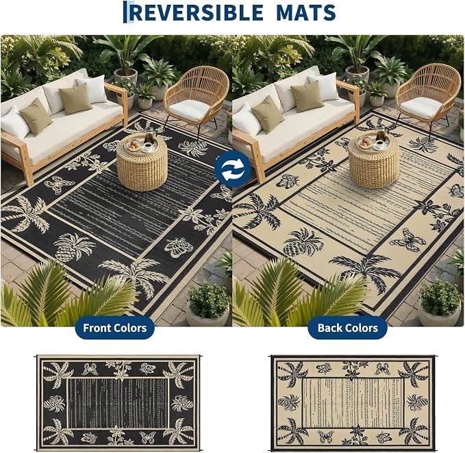 Garvee Outdoor Rug 9x12 Waterproof for Patios, Reversible Plastic Straw Rug, Tropical Leaf Indoor Outdoor Rugs, Large Area Rug for RV, Camping, Deck, Picnic Mat, Outside Carpet