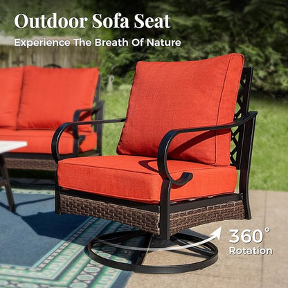 Patio Furniture Set with Firepit Table, Black Frame Outdoor Conversation Set with 2 x Fixed Chairs, 2 x Swivel Chairs, 1 x 3-Seat Sofa for Lawn Garden Backyard, Red