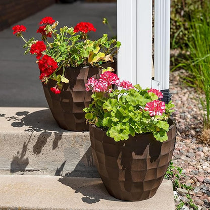 Sunnydaze Pebbled Polyresin Round Outdoor Planter - 15.75" Flower Pot for Indoor or Outdoor Use - Dark Brown