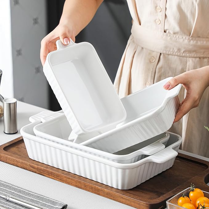 MALACASA Casserole Dishes for Oven, Porcelain Baking Dishes, Ceramic Bakeware Sets of 4, Rectangular Lasagna Pans with Handles for Baking Cake Kitchen, White (9.4"/11.1"/12.2"/14.7")