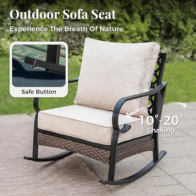 Patio Furniture Set with Firepit Table, Black Frame Outdoor Conversation Set with 2 x Fixed Chairs, 2 x Rocking Chairs, 1 x 3-Seat Sofa for Lawn Garden Backyard, Beige