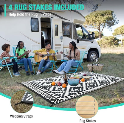 HAUSHOF 5'X8' Outdoor Rug Waterproof, Black&White | Camping, Beach, Deck, Porch, Balcony