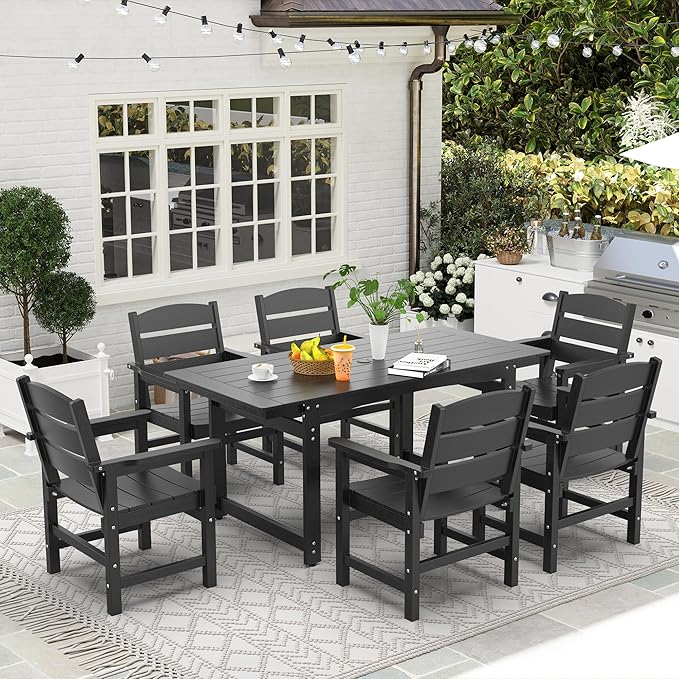 67" Outdoor Dining Table with Umbrella Hole, HIPS All-Weather Rectangular Patio Table for Outdoor/Indoor Use, Black