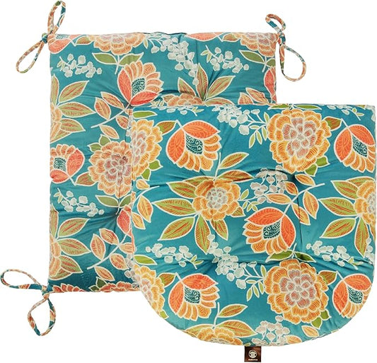 Outdoor Patio Cushion, Rocking Chair Cushion, Tufted Pads, Set of Upper and Lower with Ties Pack of 2 (2 Sets) - Back 20"×17", Seat 17"×17" (Green Bottom Flowers)