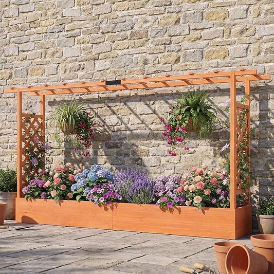 S AFSTAR Raised Garden Bed with Trellis, 2-in-1 Fir Wood Planter Box with Flat Roof & Drainage Holes, Vertical Planter Raised Bed for Climbing Plants, Flowers & Vegetables, 87" x 14" x 45" (Orange)