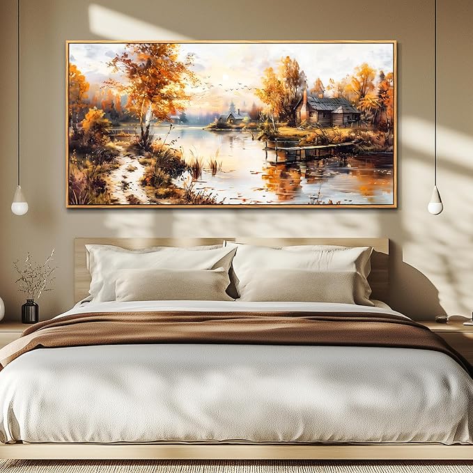 QIYILEXWART Canvas Wall Art For Living Room Large Wall Decor For Office Bedroom Decorations Lakeside Cabins Autumn Landscape Pictures Farmhouse Painting Artwork Room Wall Mural Home Decor 30x60 In