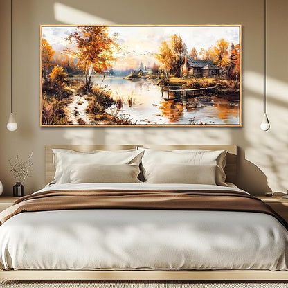 QIYILEXWART Canvas Wall Art For Living Room Large Wall Decor For Office Bedroom Decorations Lakeside Cabins Autumn Landscape Pictures Farmhouse Painting Artwork Room Wall Mural Home Decor 30x60 In