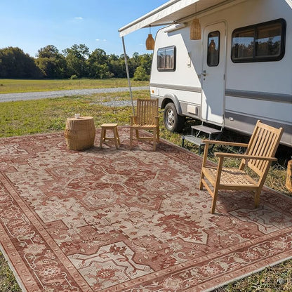 GENIMO Outdoor & Indoor Area Rug 10'x14', Waterproof, Non-Shedding, Easy Cleaning, Boho Mat for Patio, Living Room, Balcony, Dining Room, RV, Deck, Bedroom, Camping, Outside Carpet,Brown Red