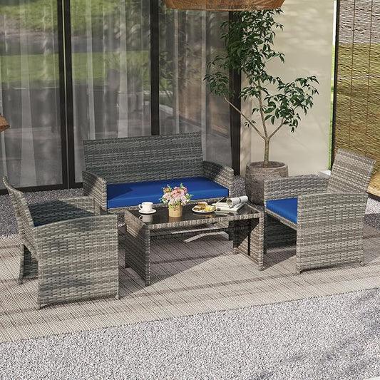 Tangkula 4 Piece Patio Wicker Furniture Set, Outdoor Heavy Duty Rattan Cushioned Chairs, Loveseat and Tempered Glass Coffee Table, for Backyard, Balcony, Poolside (Navy)