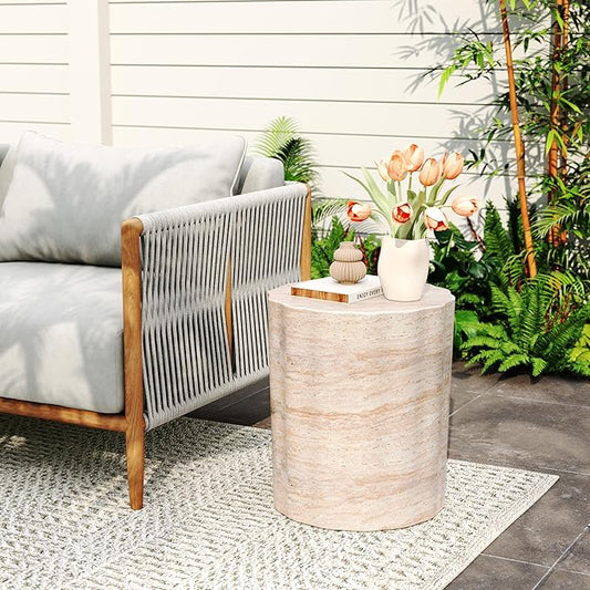 Christopher Knight Home Jaym 18.00" H Indoor Outdoor Accent Side Table, Patio Decorative End Table, Wave Cylinder Lightweight Concrete Garden Stool for Patio Balcony & Garden Decor, Travertine