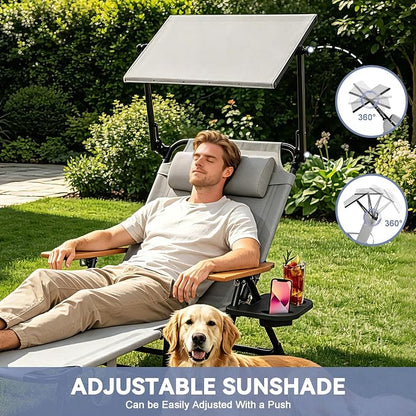 Beach Lounge Chairs with Armrests, 4-Position Folding Lounge Chairs for Outside, Sunbathing Portable Lounge Chaise, Tanning Chair Pillow & Cup Holder, for Outside Beach Pool (Grey.)