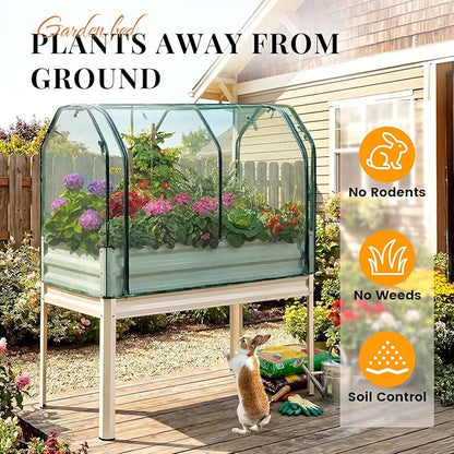King Bird Large Raised Garden Bed with Netting Galvanized Elevated Planter Box with Legs 48×24×56 in for Backyard, Patio, Balcony, 400lb Capacity, Beige
