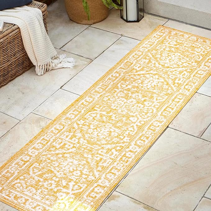JONATHAN Y Boho Medallion Indoor Outdoor Runner Rug 2X8 Yellow/Cream, Malta Textured Weave for Backyard, Patio, Porch, Easy-Cleaning, High Traffic, Pet-Friendly, Non-Shedding (SMB104G-28)