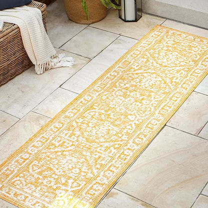 JONATHAN Y Boho Medallion Indoor Outdoor Runner Rug 2X8 Yellow/Cream, Malta Textured Weave for Backyard, Patio, Porch, Easy-Cleaning, High Traffic, Pet-Friendly, Non-Shedding (SMB104G-28)
