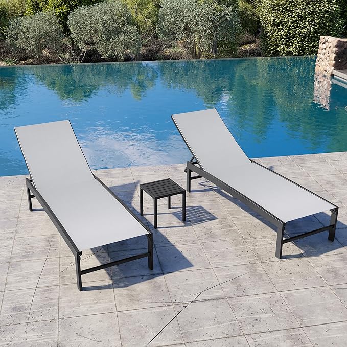 Crestlive Products 2PCS Chaise Lounge Chair Outdoor with 1PC Side Table, Adjustable 5 Positions Pool Tanning Recliner, Outdoor Lounge Furniture Perfect for Patio, Beach, Yard, Pool