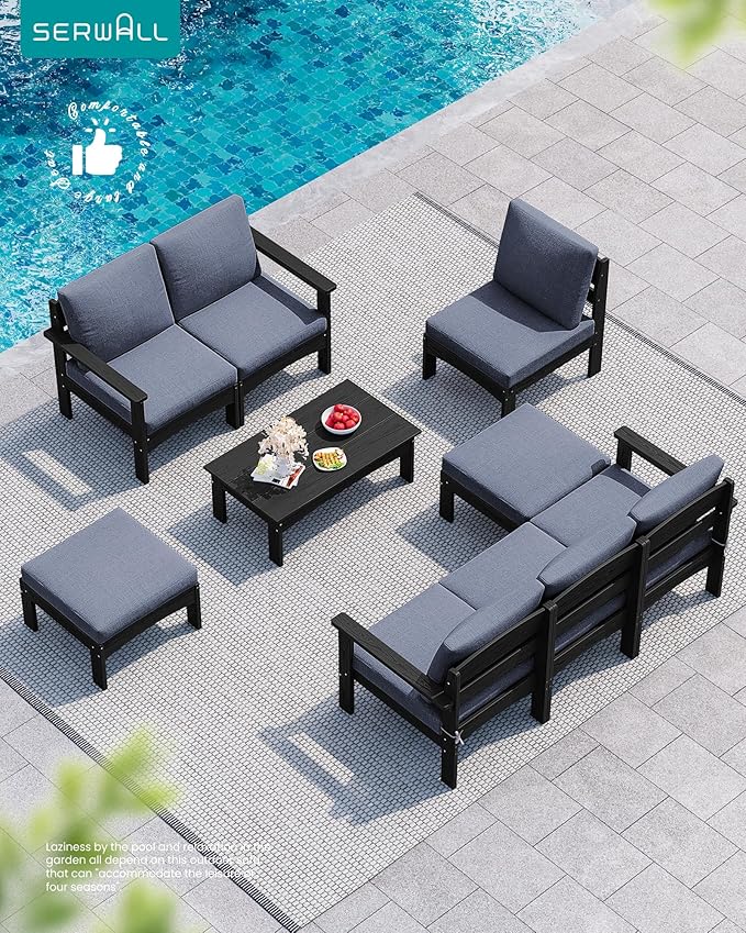 SERWALL 9 Pieces Patio Sofas, All-Weather HDPE Outdoor Sectional Sofa with Cushions and Coffee Table, Extra-Large Modular Conversation Set for Patio, Garden, Deck, Grey Frame with Grey Cushion