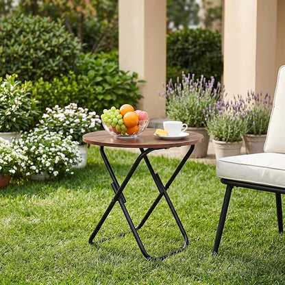 VECELO 17.7" Small Folding Table, Round Patio Outdoor Side Snack Table, Waterproof Foldable Wood End Table with Anti-Rust Metal Legs for Living Room Bedroom Garden Yard Balcony Porch
