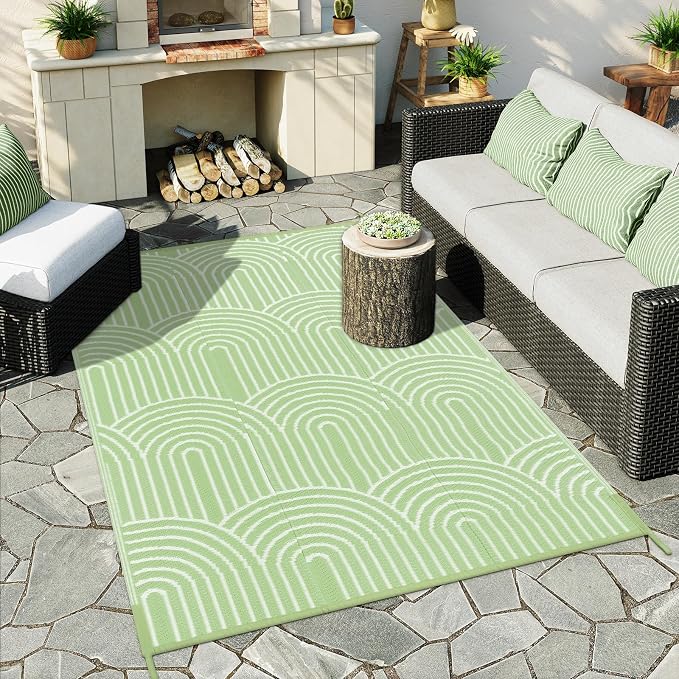 Anidaroel Patio Rugs Outdoor 6’x9’ Clearance Waterproof, Reversible Rainbow Outdoor Plastic Straw Outside Rugs, RV Outdoor Rugs for Camping, Porch, Balcony, Backyard (Green, 6‘X9')